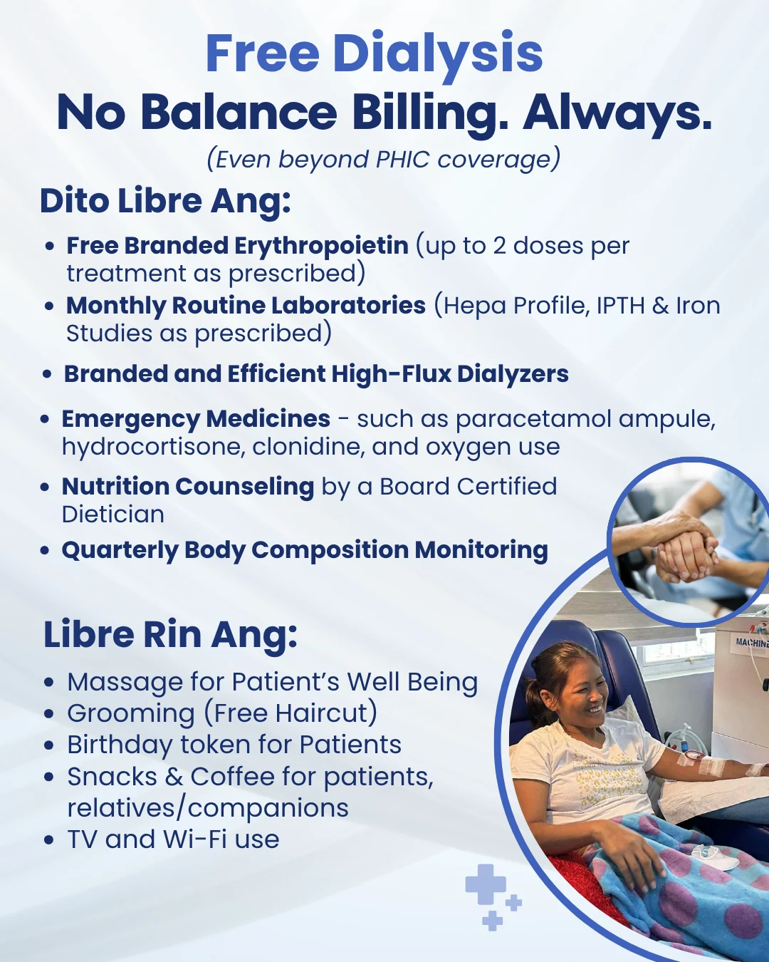 Free Dialysis - No Balance Billing. Always. The TresMedica flyer lists everything free with treatment: branded erythropoietin, monthly routine laboratories, high-flux dialyzers, emergency medicines, nutrition counseling, quarterly body-composition monitoring, plus massage, free haircut, birthday tokens, snacks and coffee, and TV and Wi-Fi.
